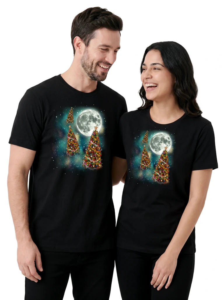 MagicMoon Three Christmas Tree Moon on couple wearing matching Christmas Gift Shirt