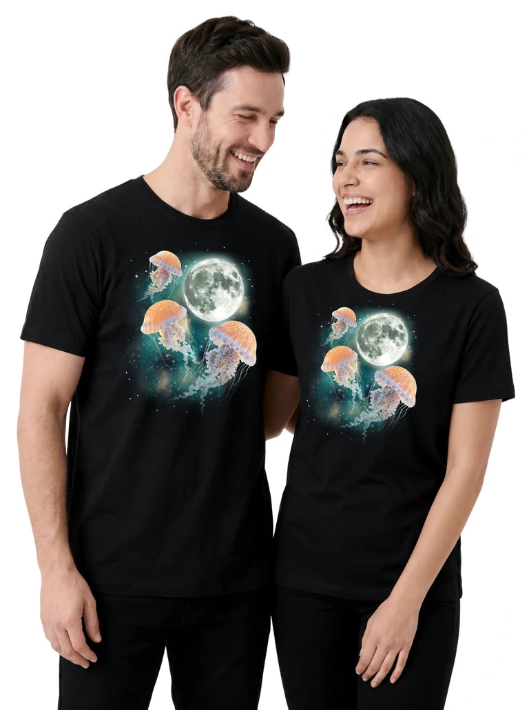 MagicMoon Three Jellyfish Moon on couple wearing matching Funny Animal Shirt