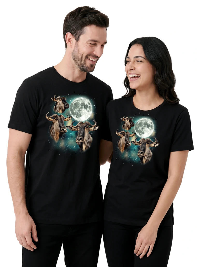 MagicMoon Three Wildebeest Moon on couple wearing matching Funny Animal Shirt