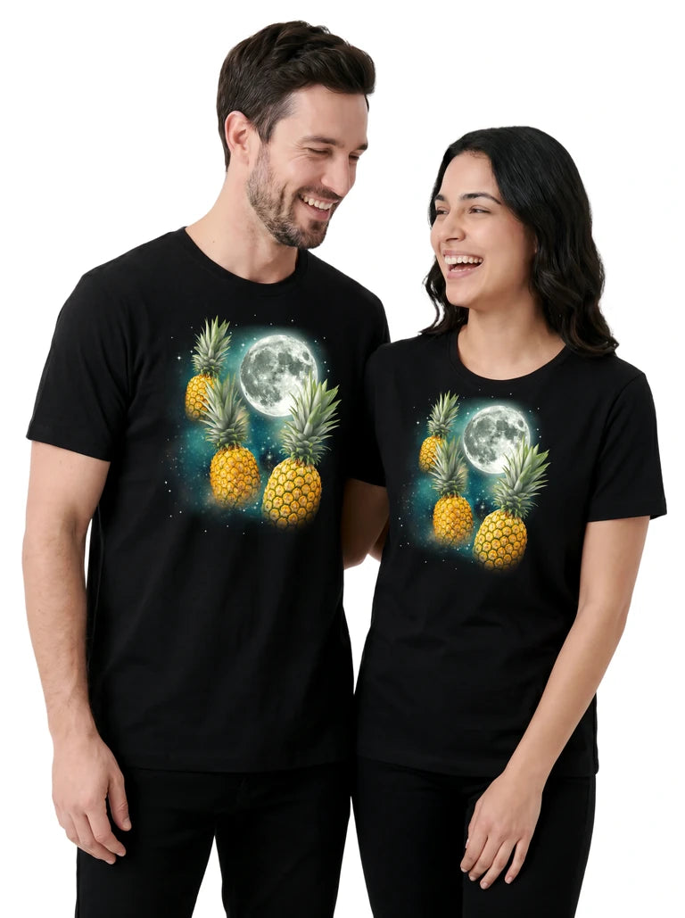 MagicMoon Three Pineapple Moon on couple wearing matching Funny Food Shirt