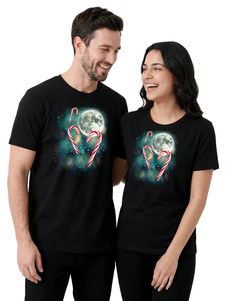 MagicMoon Three Candy Cane Moon on couple wearing matching Christmas Gift Shirt