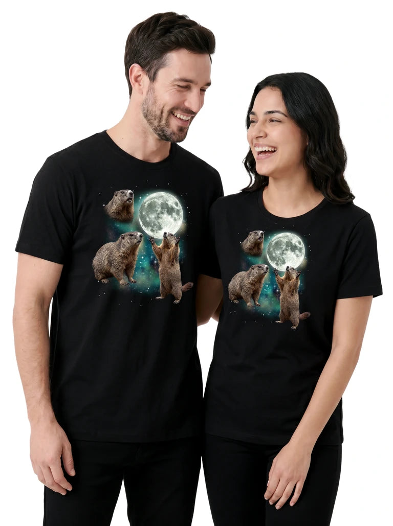 MagicMoon Three Groundhog Moon on couple wearing matching Funny Animal Shirt