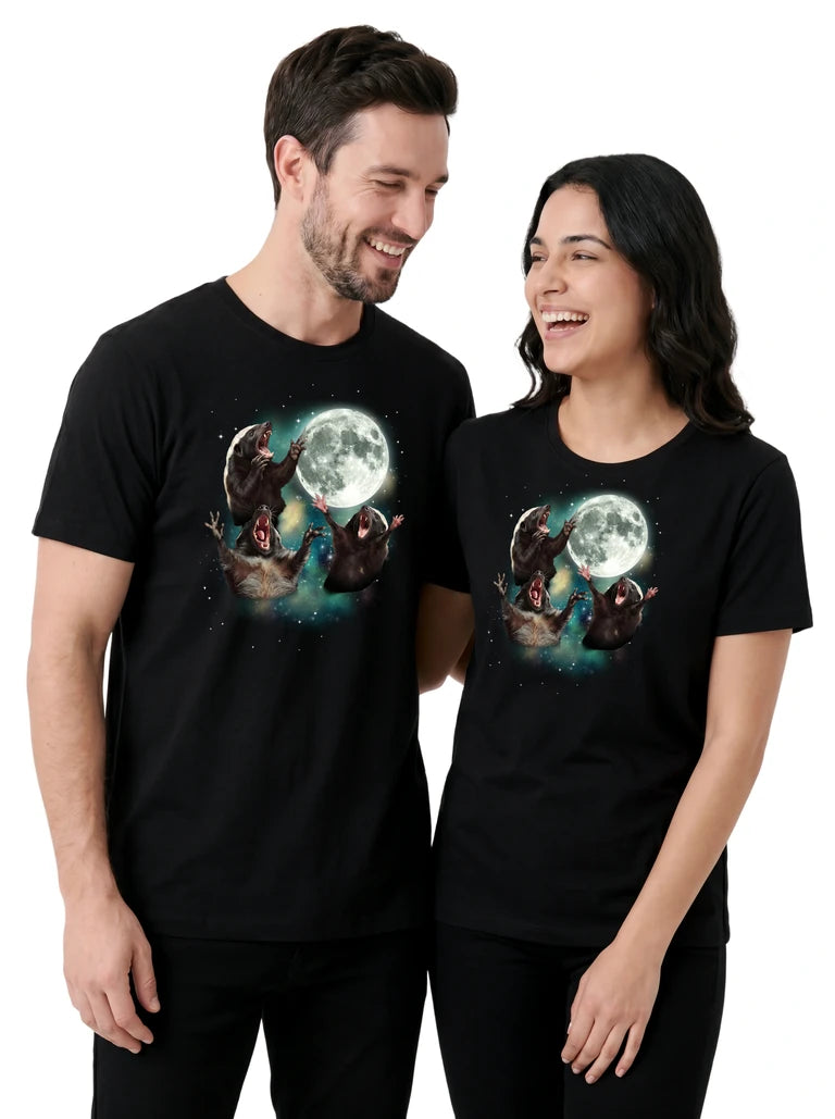 MagicMoon Three Honey Badger Moon on couple wearing matching Funny Animal Shirt