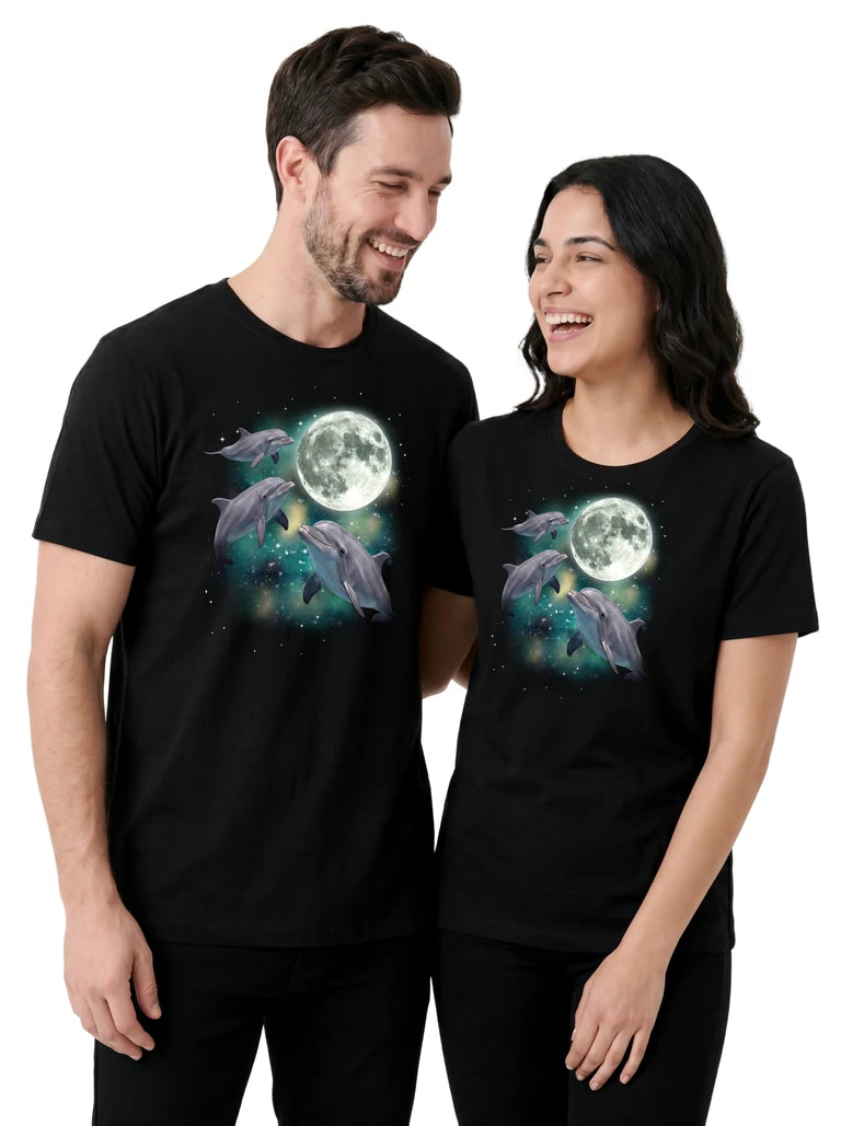 MagicMoon Three Dolphin Moon on couple wearing matching Funny Animal Shirt