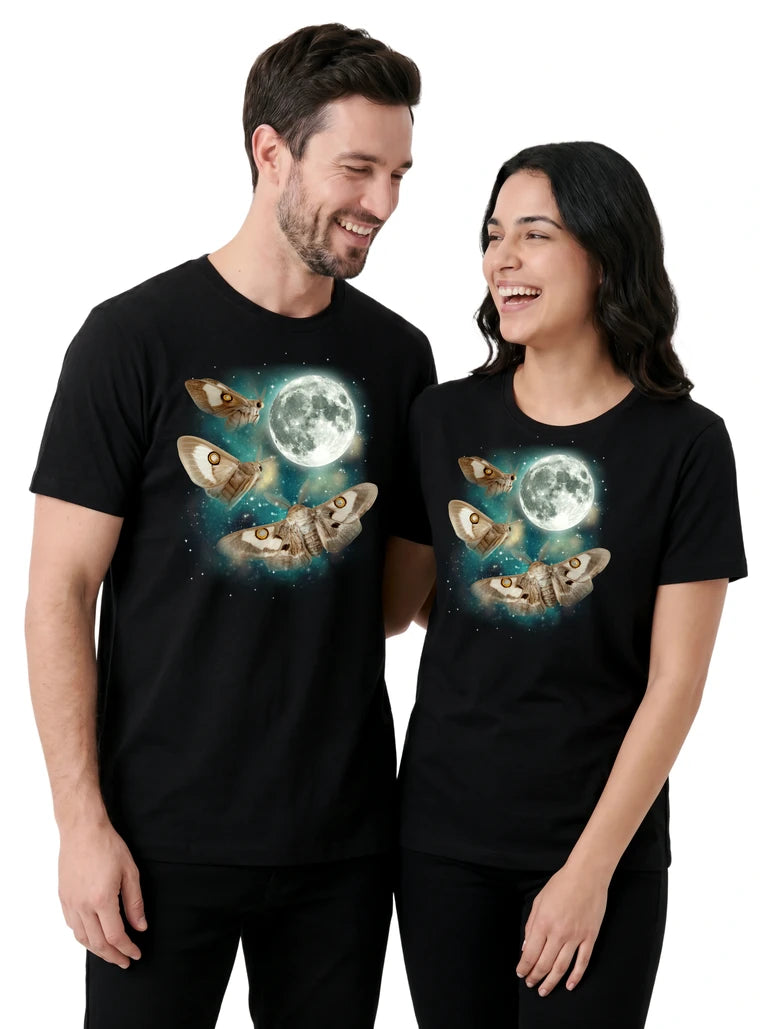 MagicMoon Three Moth Moon on couple wearing matching Funny Animal Shirt