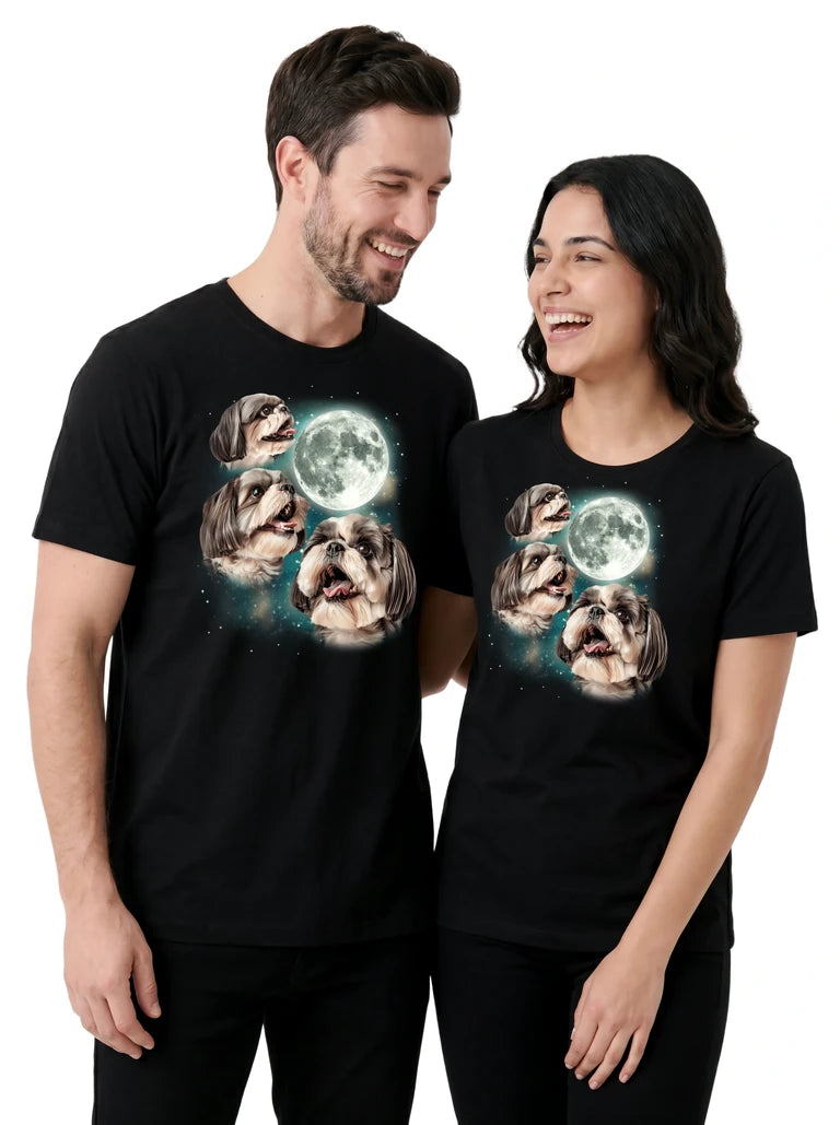 MagicMoon Three Shih Tzu Moon on couple wearing matching Funny Animal Shirt