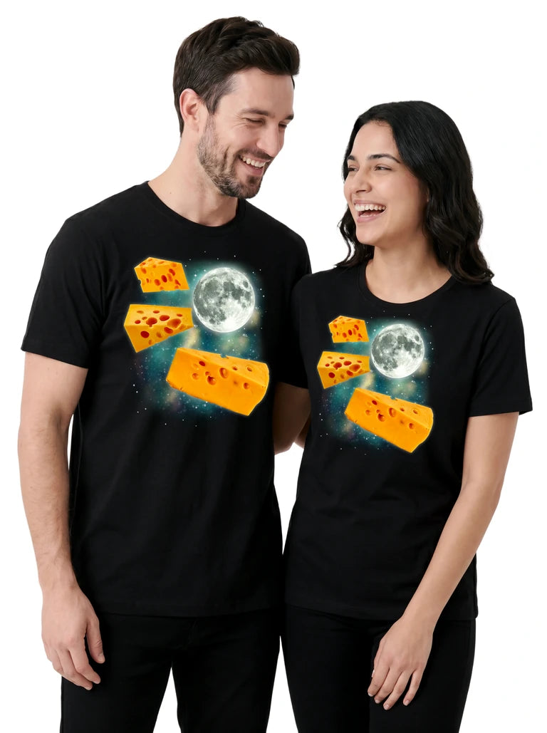 MagicMoon Three Cheese Moon on couple wearing matching Funny Food Shirt