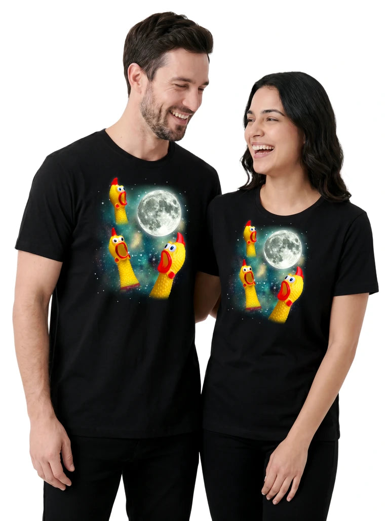 MagicMoon Three Rubber Chicken Moon on couple wearing matching Funny Novelty Shirt