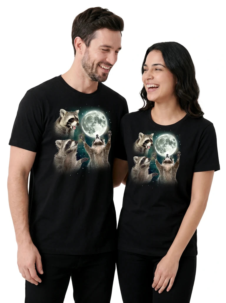 MagicMoon Three Raccoon Moon on couple wearing matching Funny Animal Shirt
