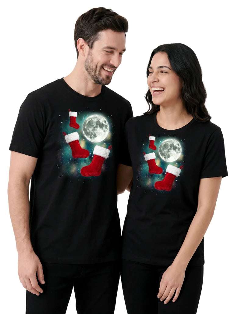 MagicMoon Three Christmas Stocking Moon on couple wearing matching Christmas Gift Shirt