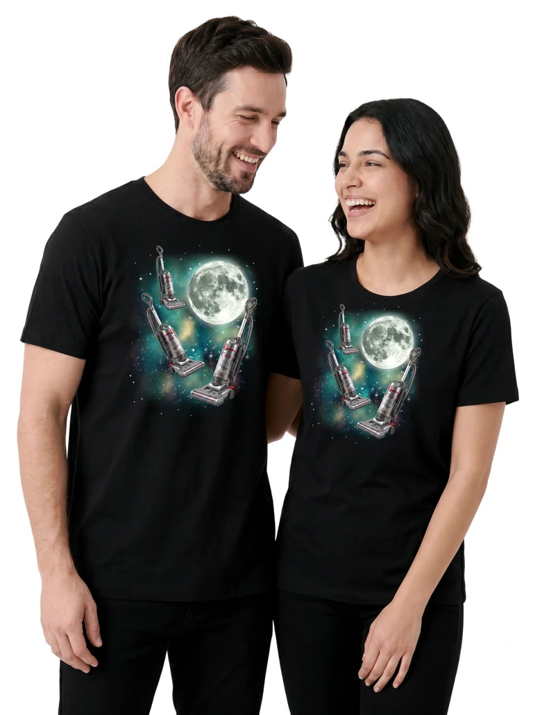 MagicMoon Three Vacuum Moon on couple wearing matching Funny Novelty Shirt
