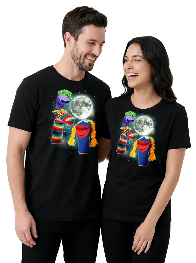 MagicMoon Three Sock Puppet Moon on couple wearing matching Funny Novelty Shirt