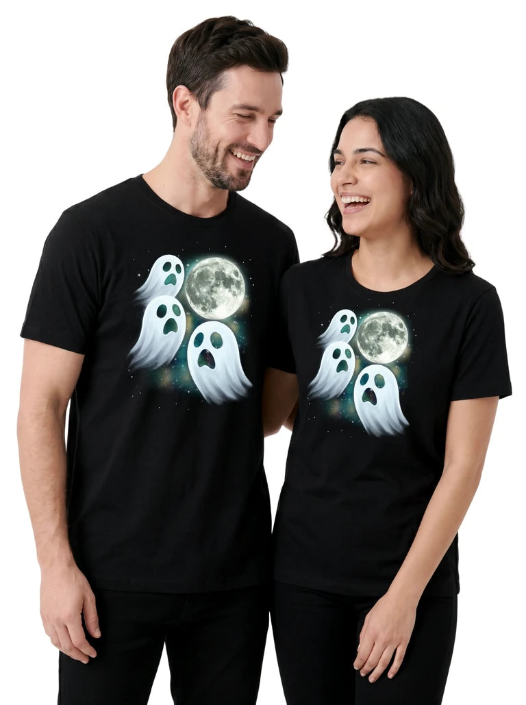 MagicMoon Three Ghost Moon on couple wearing matching Halloween Costume Shirt