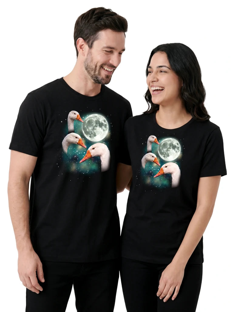 MagicMoon Three Goose Moon on couple wearing matching Funny Animal Shirt