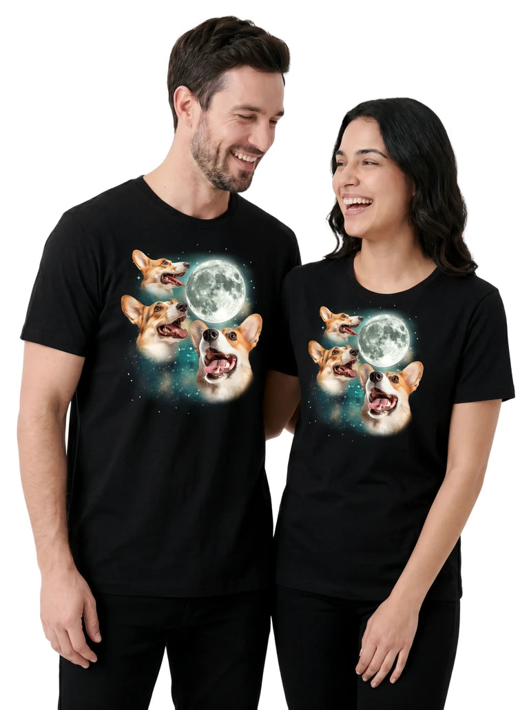 MagicMoon Three Corgi Moon on couple wearing matching Funny Animal Shirt