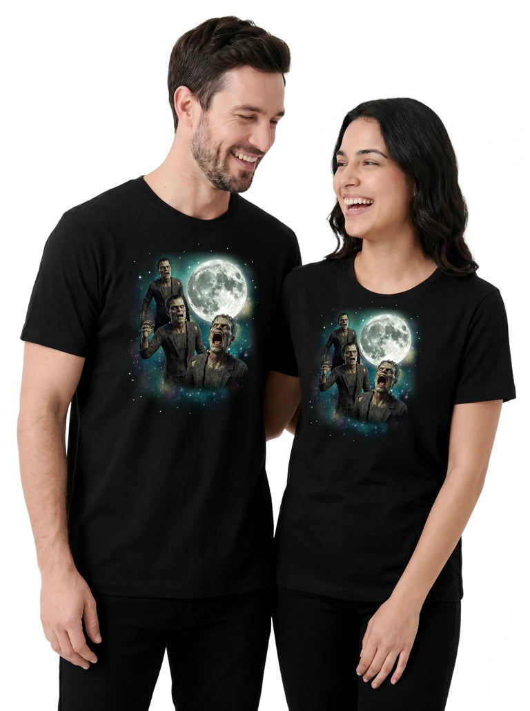 MagicMoon Three Frankenstein Moon on couple wearing matching Halloween Costume Shirt