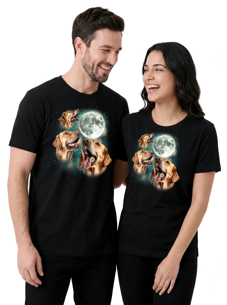 MagicMoon Three Golden Retriever Moon on couple wearing matching Funny Animal Shirt