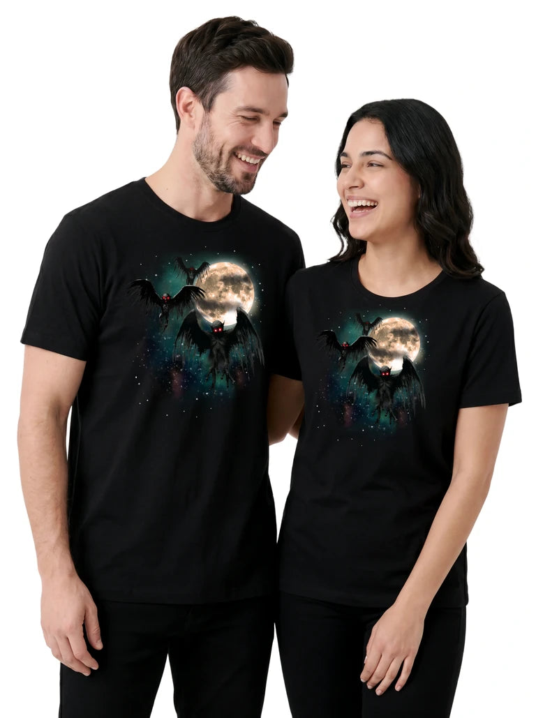 MagicMoon Three Mothman Moon on couple wearing matching Funny Novelty Shirt