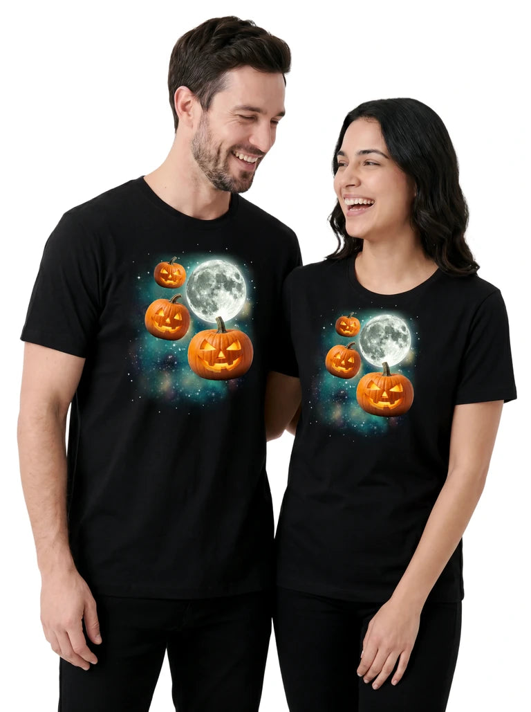 MagicMoon Three Jack-o-Lantern Moon on couple wearing matching Halloween Costume Shirt