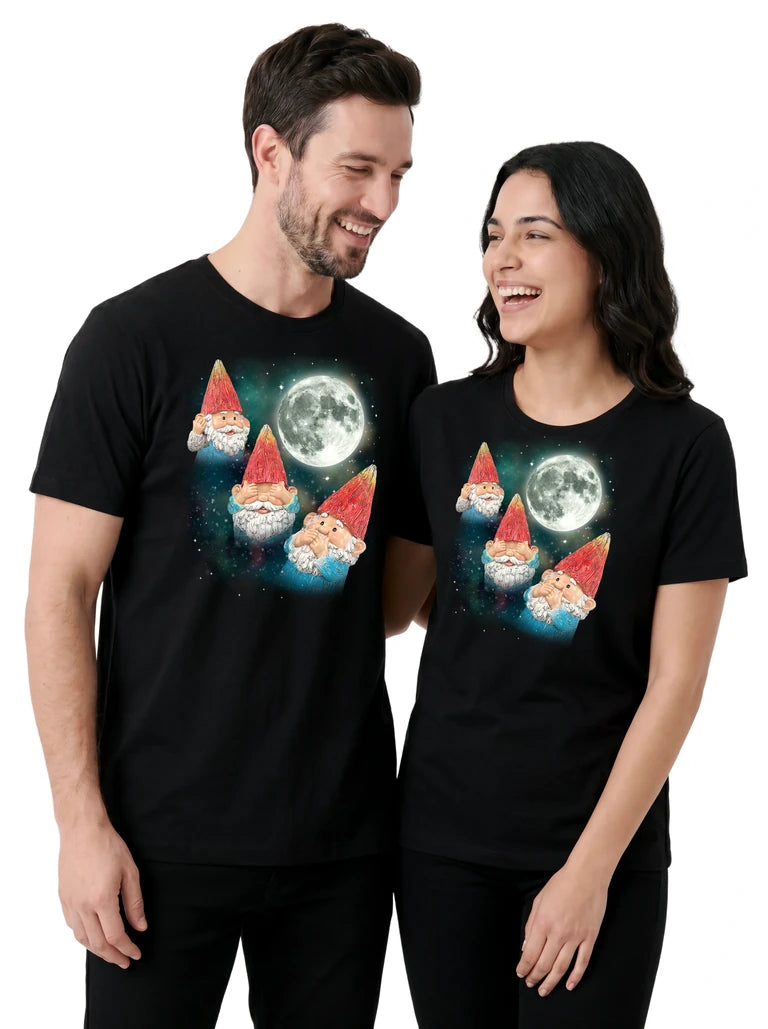 MagicMoon Three Gnome Moon on couple wearing matching Funny Novelty Shirt