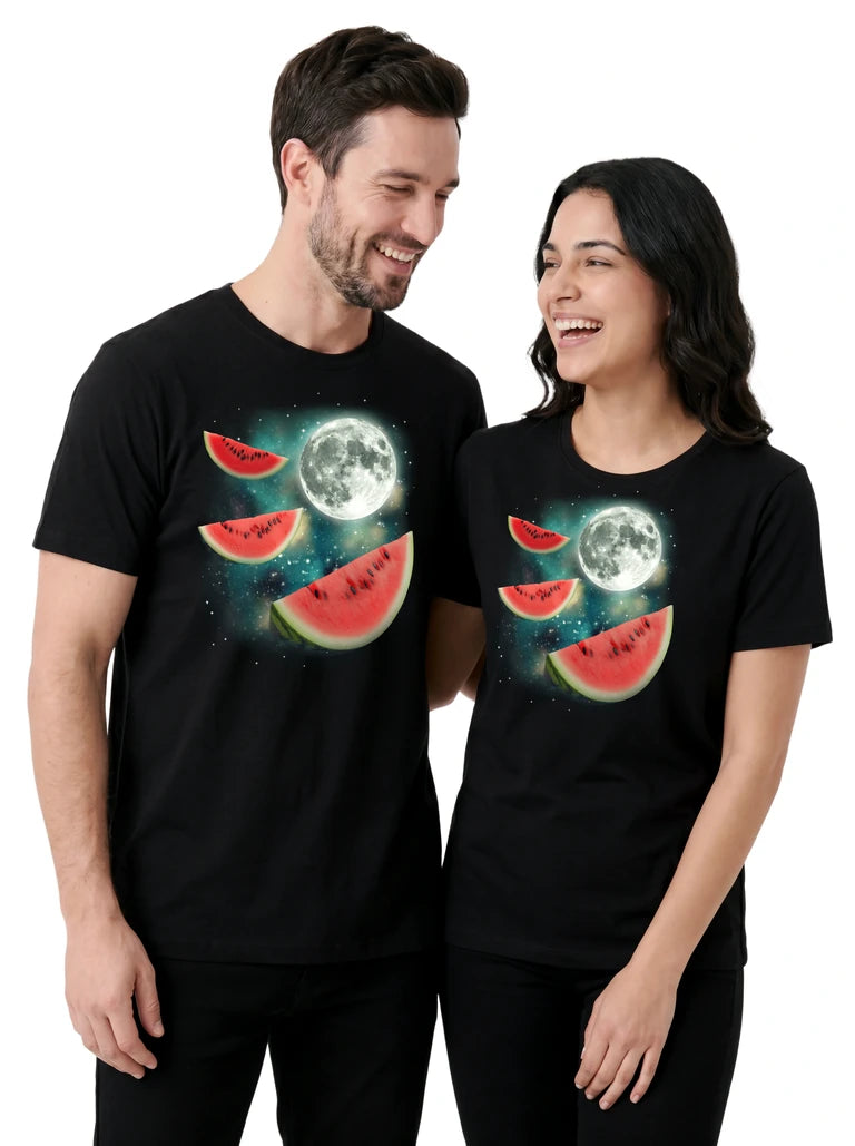 MagicMoon Three Watermelon Moon on couple wearing matching Funny Food Shirt