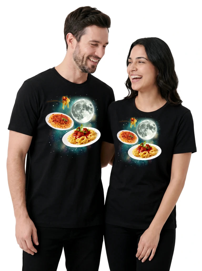MagicMoon Three Spaghetti Moon on couple wearing matching Funny Food Shirt