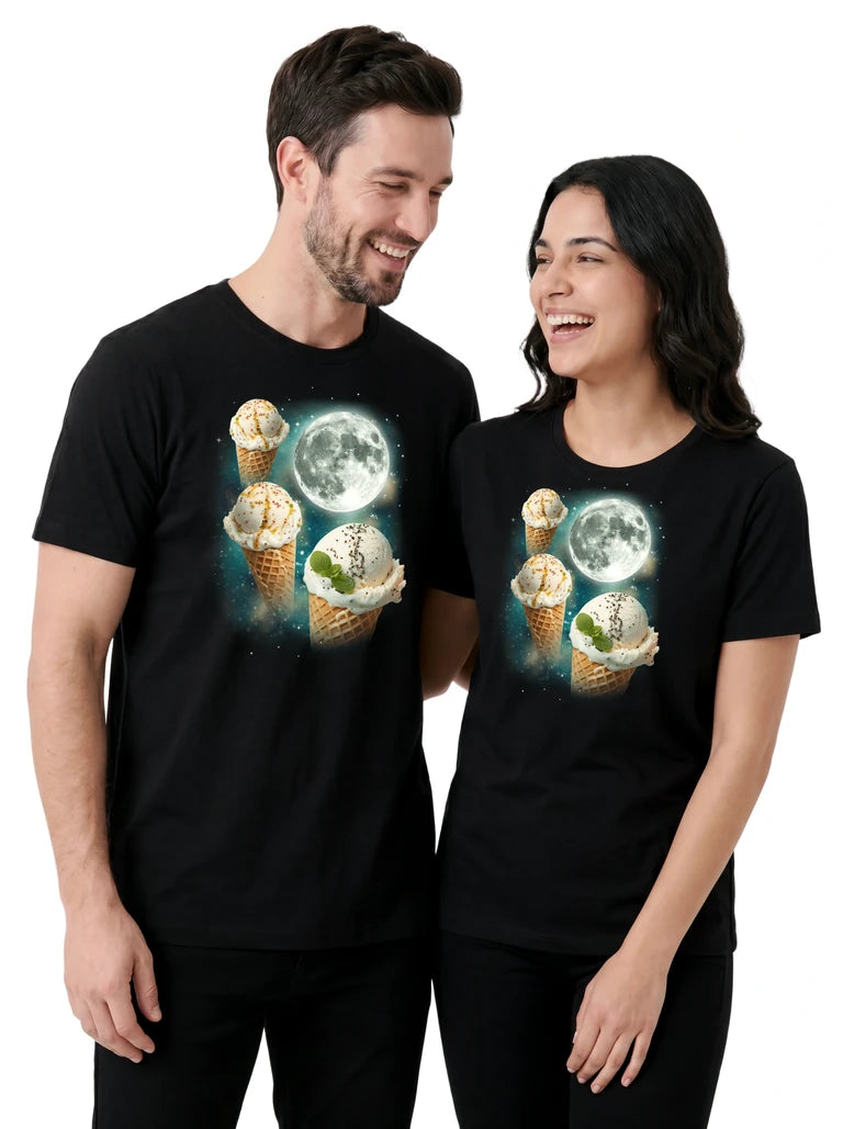 MagicMoon Three Ice Cream Cones Moon on couple wearing matching Funny Food Shirt