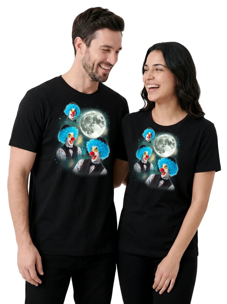MagicMoon Three Clown Moon on couple wearing matching Halloween Costume Shirt