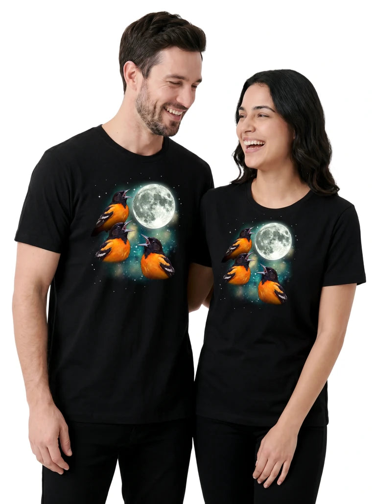 MagicMoon Three Oriole Moon on couple wearing matching Funny Animal Shirt