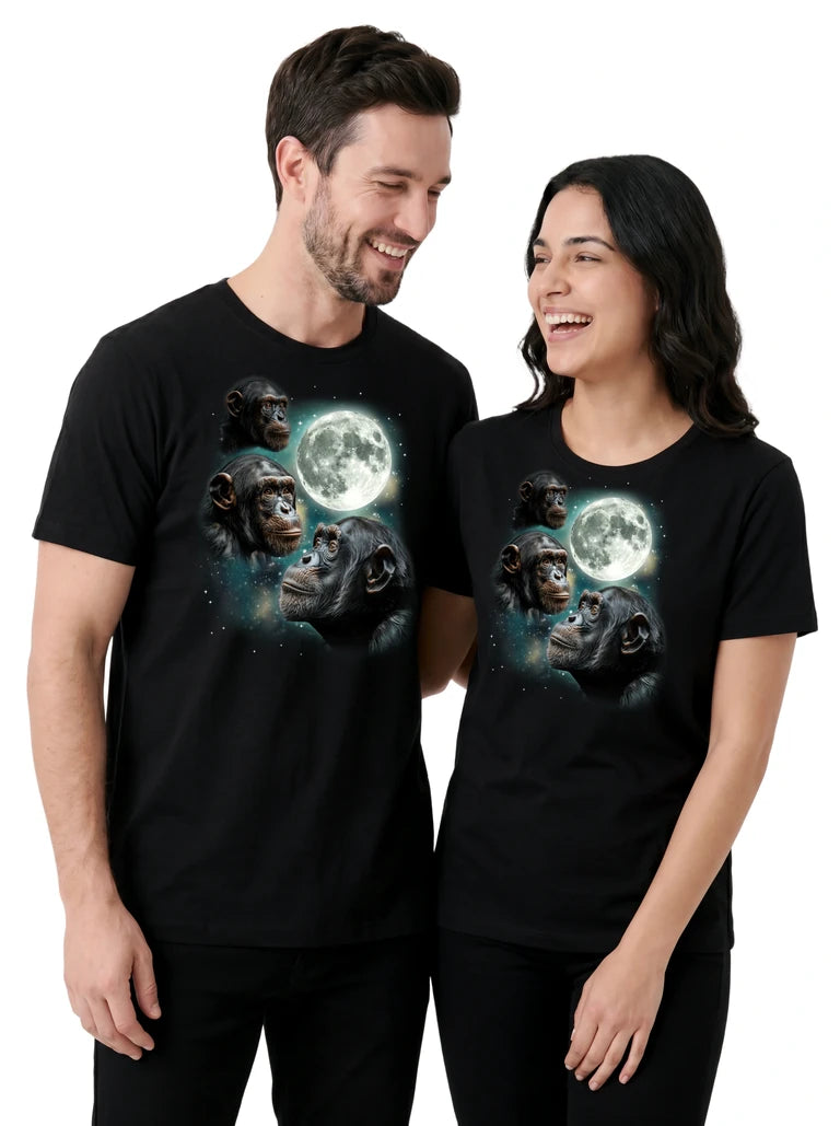 MagicMoon Three Chimpanzee Moon on couple wearing matching Funny Animal Shirt