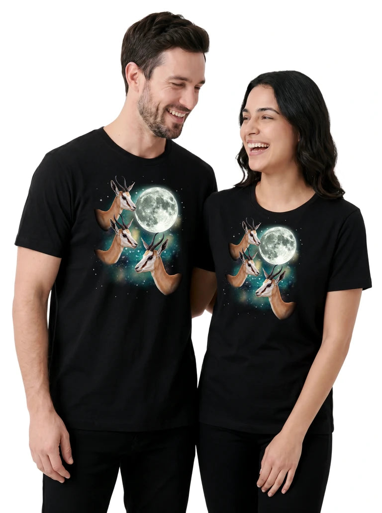 MagicMoon Three Springbok Moon on couple wearing matching Funny Animal Shirt