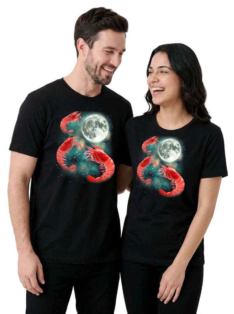 MagicMoon Three Shrimp Moon on couple wearing matching Funny Animal Shirt
