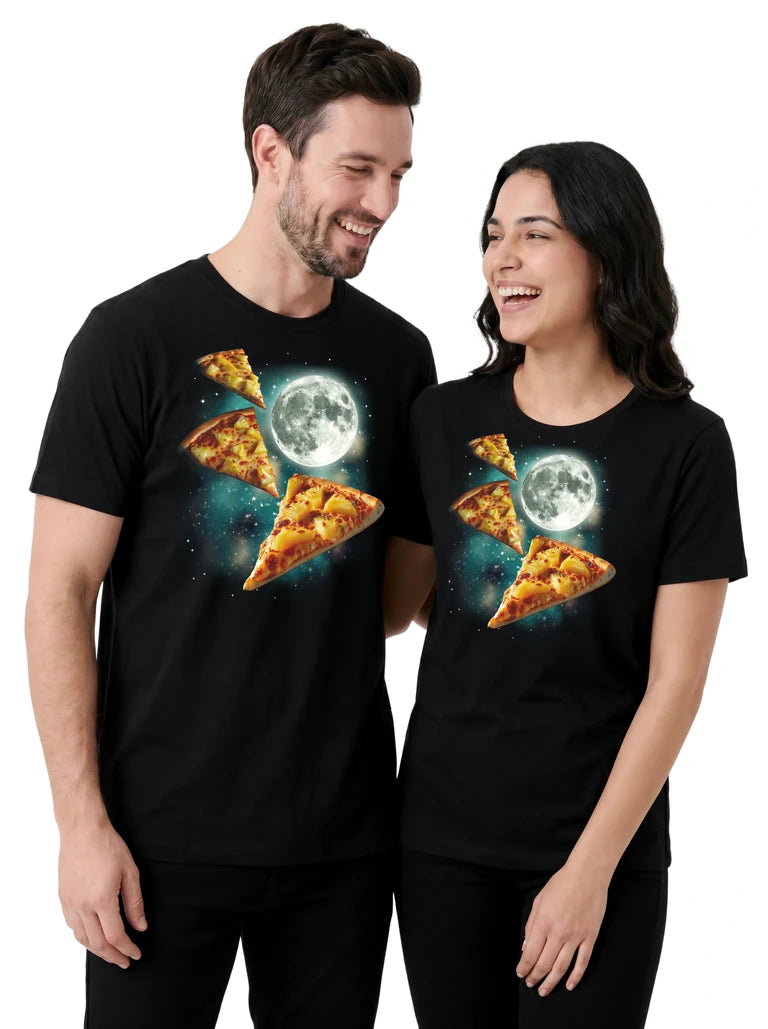 MagicMoon Three Pineapple Pizza Moon on couple wearing matching Funny Food Shirt
