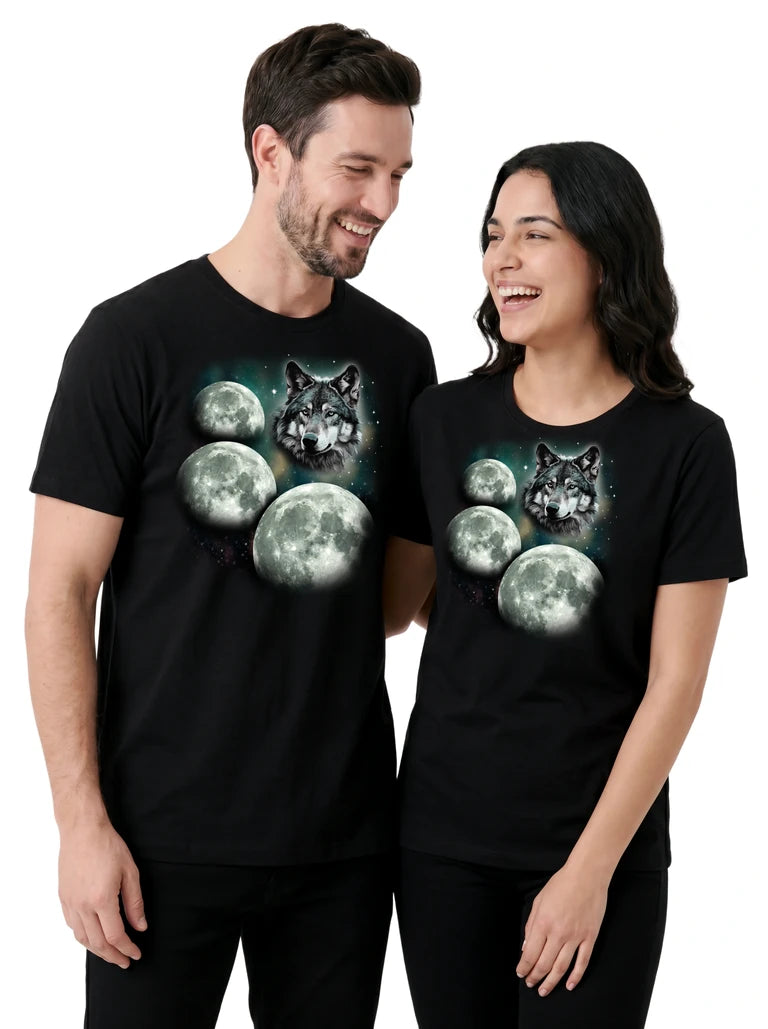 MagicMoon Three Wolf Moon on couple wearing matching Funny Animal Shirt
