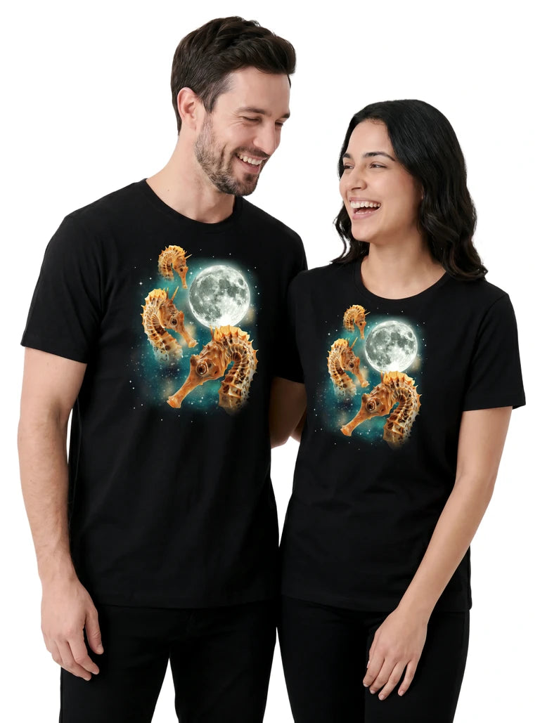 MagicMoon Three Seahorse Moon on couple wearing matching Funny Animal Shirt