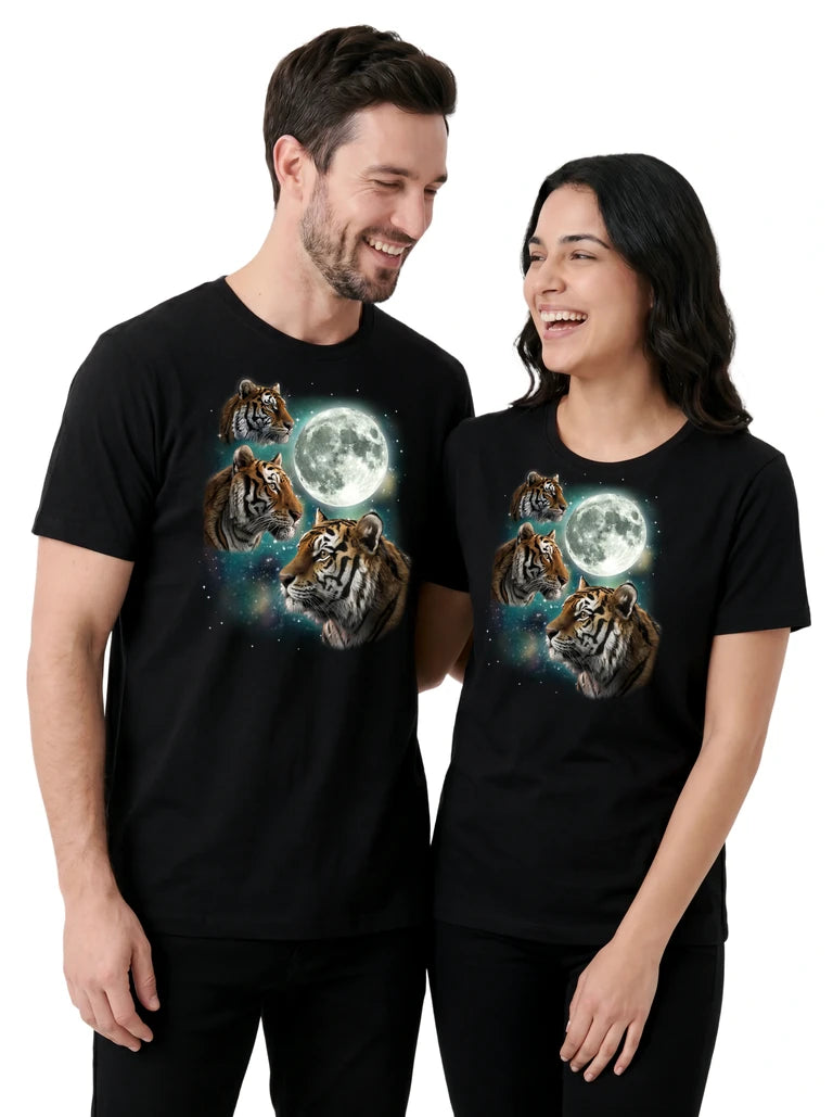 MagicMoon Three Tiger Moon on couple wearing matching Funny Animal Shirt