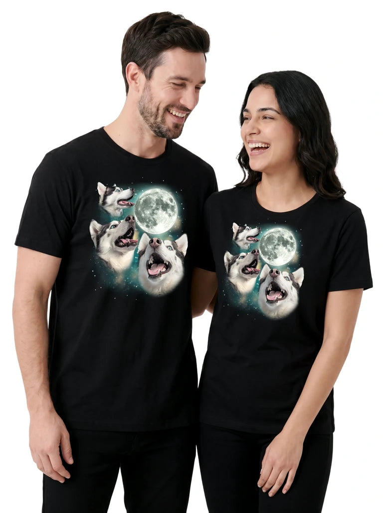 MagicMoon Three Siberian Husky Moon on couple wearing matching Funny Animal Shirt