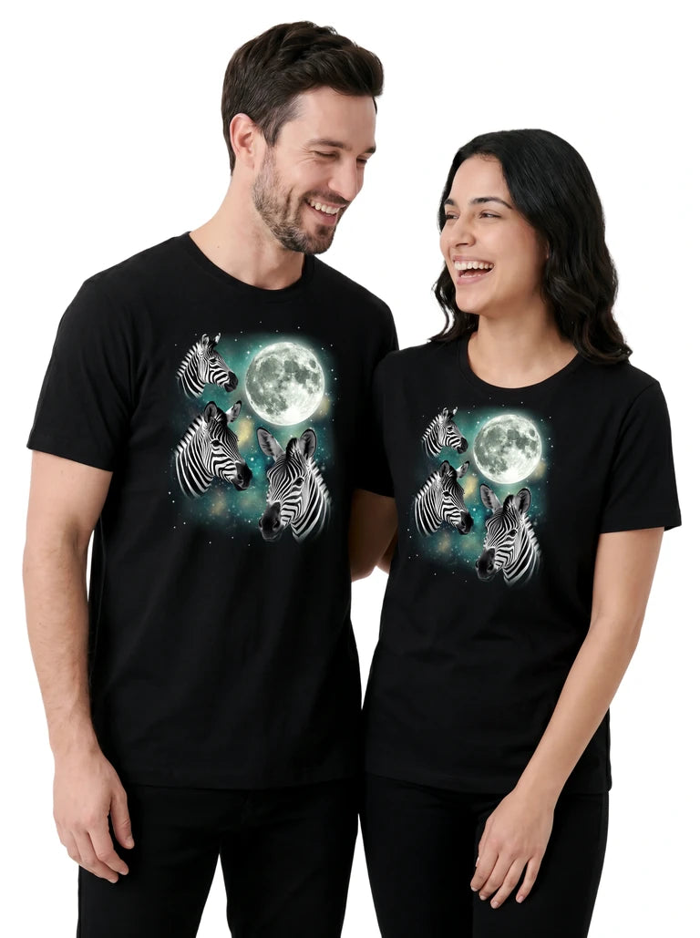 MagicMoon Three Zebra Moon on couple wearing matching Funny Animal Shirt