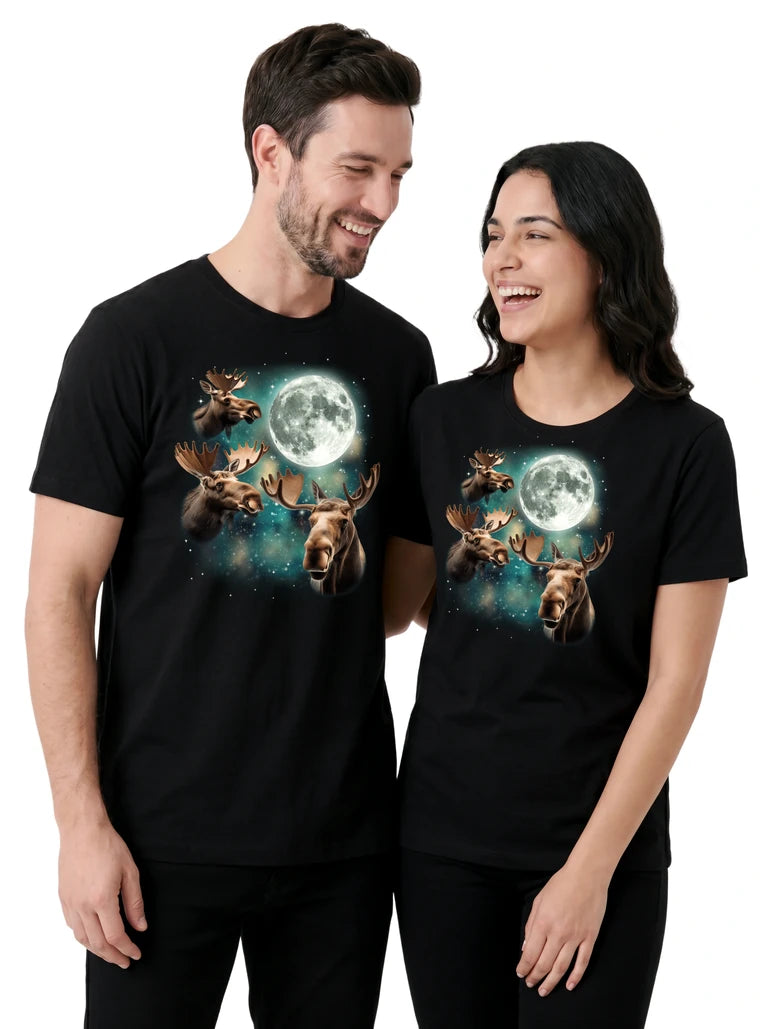 MagicMoon Three Moose Moon on couple wearing matching Funny Animal Shirt