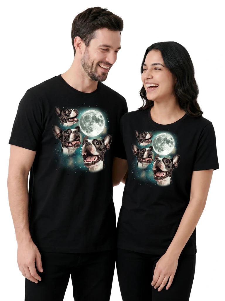 MagicMoon Three Boston Terrier Moon on couple wearing matching Funny Animal Shirt