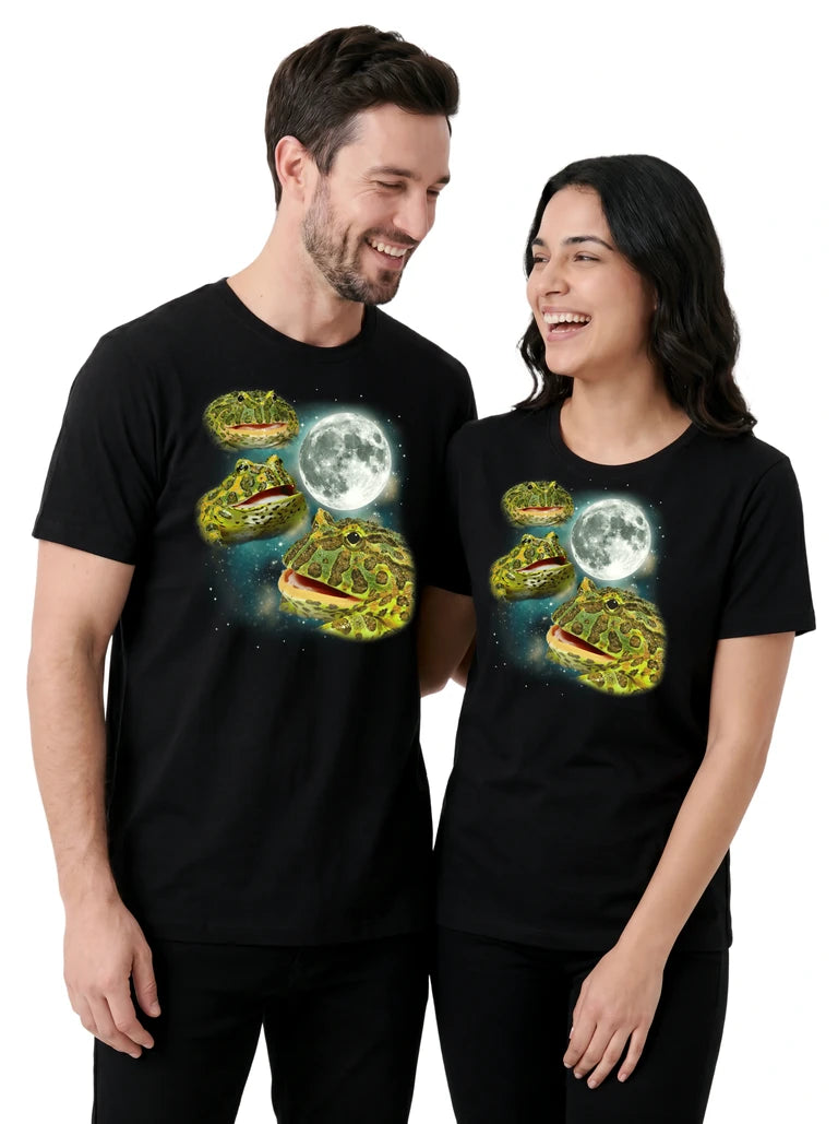 MagicMoon Three Pacman Frog Moon on couple wearing matching Funny Animal Shirt