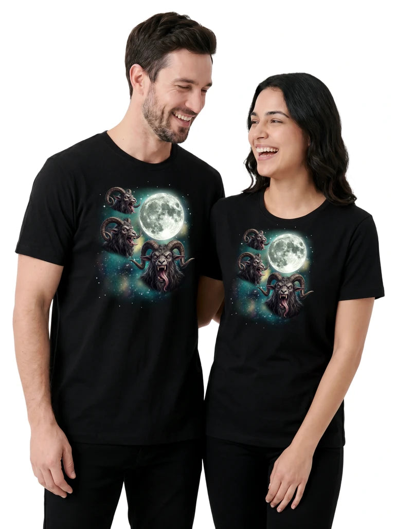 MagicMoon Three Krampus Moon on couple wearing matching Halloween Costume Shirt