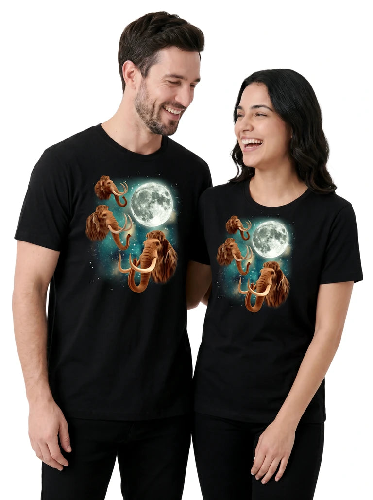 MagicMoon Three Woolly Mammoth Moon on couple wearing matching Funny Animal Shirt