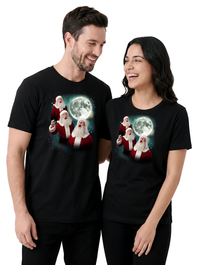 MagicMoon Three Santa Claus Moon on couple wearing matching Christmas Gift Shirt