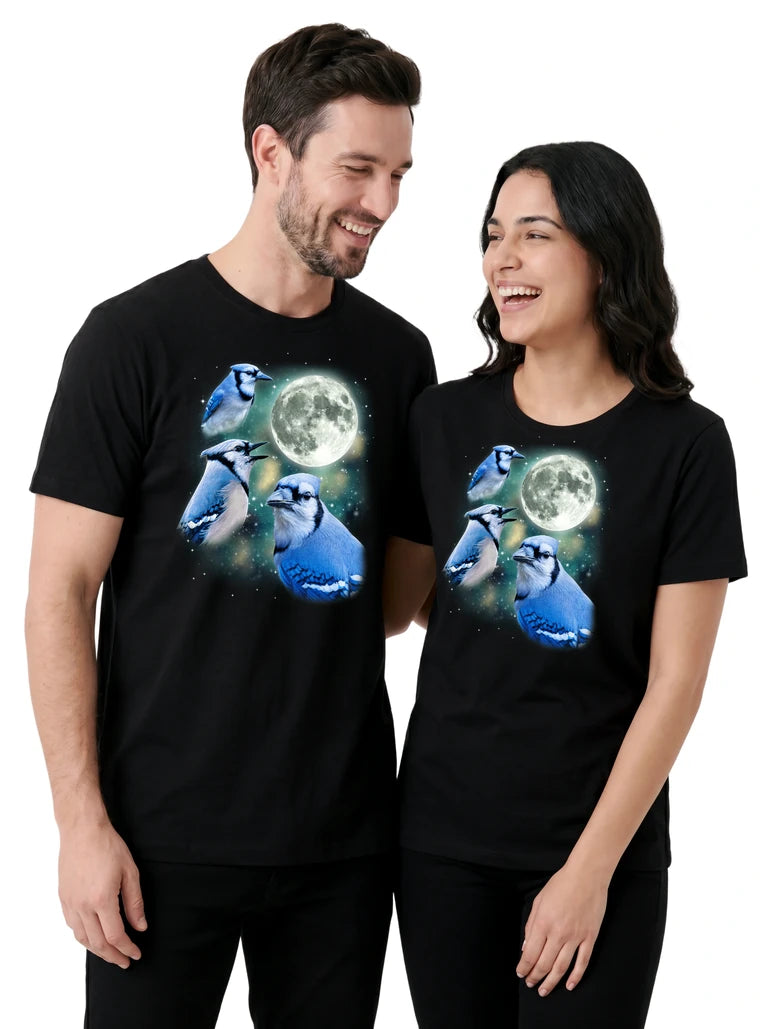 MagicMoon Three Blue Jay Moon on couple wearing matching Funny Animal Shirt