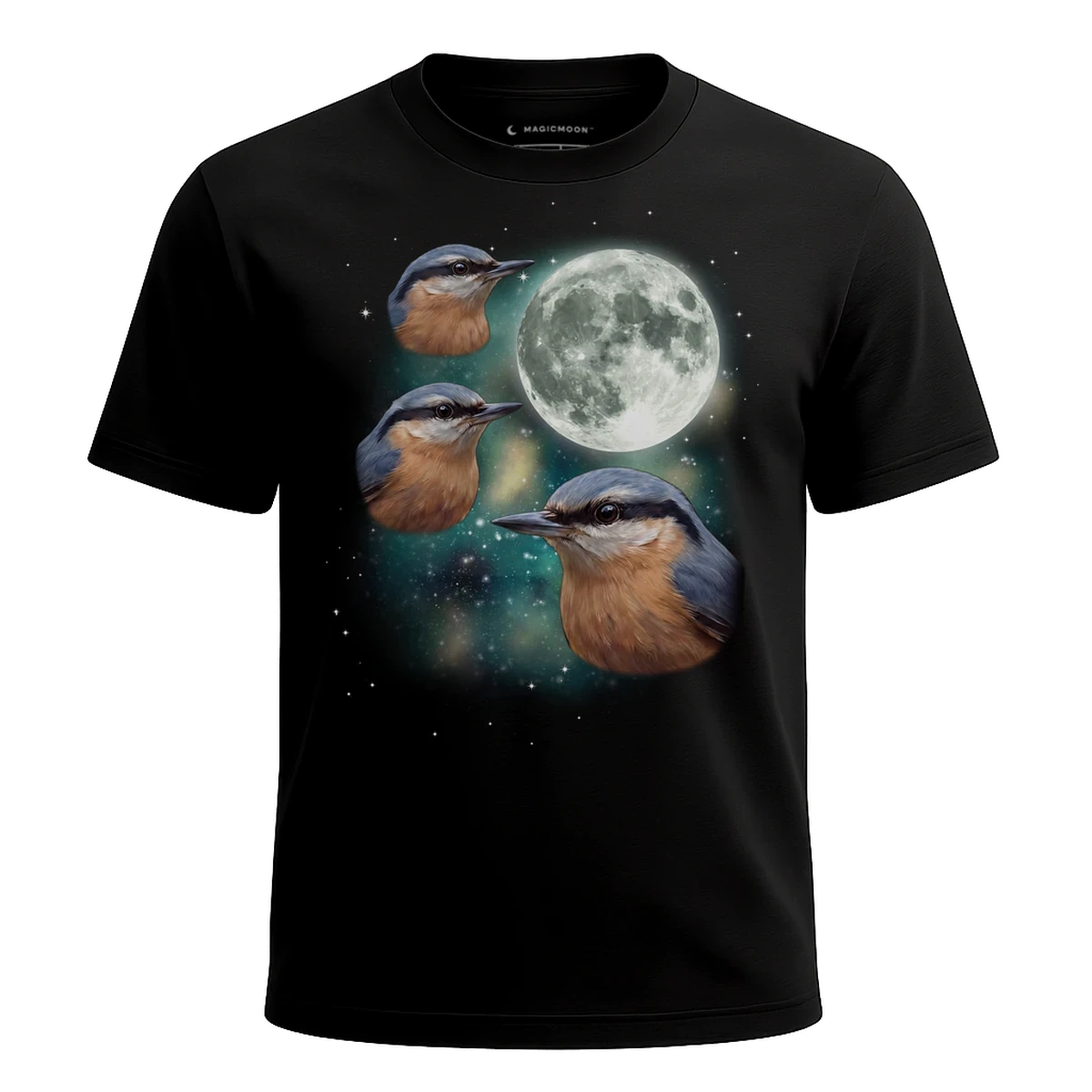 MagicMoon Three Nuthatch Moon - Funny Animal Shirt, White Elephant Gift, Novelty T-Shirt