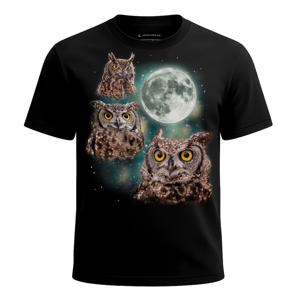 MagicMoon Three Owl Moon - Funny Animal Shirt, White Elephant Gift, Novelty T-Shirt