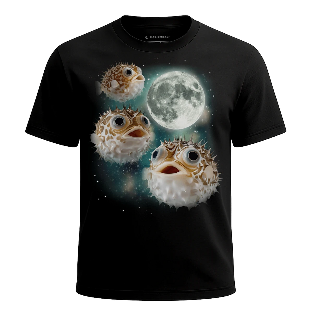 MagicMoon Three Pufferfish Moon - Funny Animal Shirt, White Elephant Gift, Novelty T-Shirt