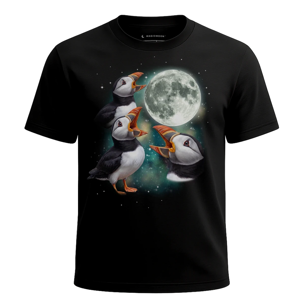 MagicMoon Three Puffin Moon - Funny Animal Shirt, White Elephant Gift, Novelty T-Shirt