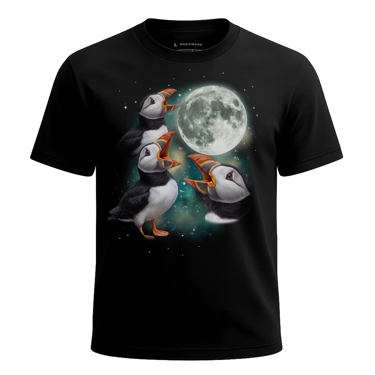 MagicMoon Three Puffin Moon - Funny Animal Shirt, White Elephant Gift, Novelty T-Shirt